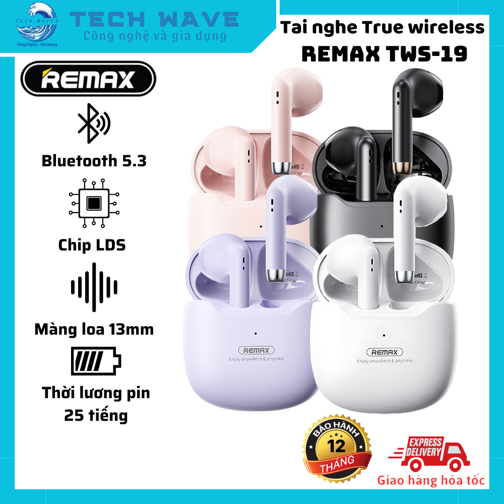 Tai nghe true wireless Remax TWS-19 - Chip LDS - Thời lượng pin 25 tiếng - Chống ồn tốt