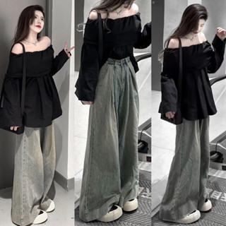 [ Hàng Có Sẵn Ship Liền ] TÁCH SET ÁO TAY DÀI TRỄ VAI QUẦN JEAN XANH BÒ HÀNG QUẢNG CHÂU LOẠI 1