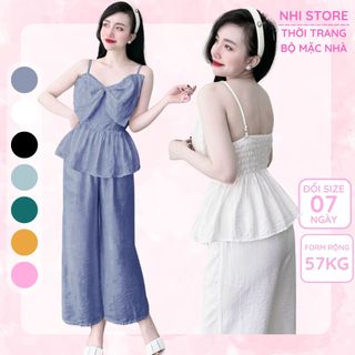 Set Bộ Nữ NHISTORE Áo Hai Dây Nơ Ngực Quần Dài Ống Rộng VẢi Gân Xước Freesize Dưới  57kg
