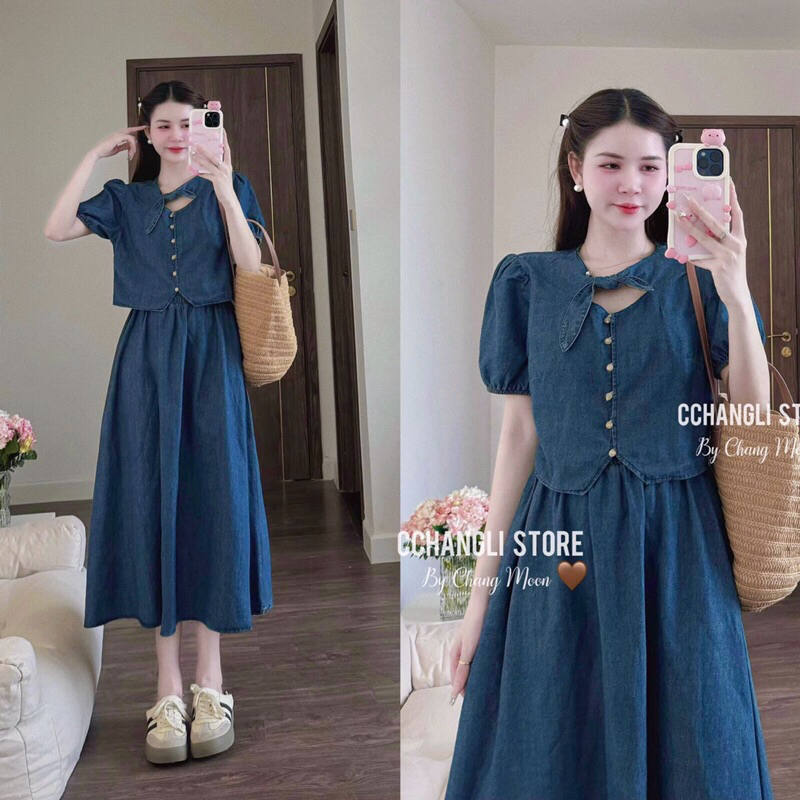 set demin cổ nơ chân váy dài