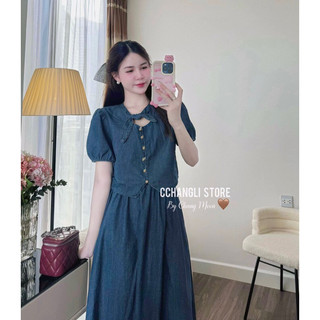 set demin cổ nơ chân váy dài