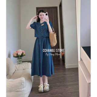 set demin cổ nơ chân váy dài
