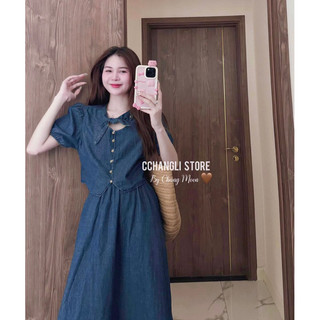 set demin cổ nơ chân váy dài