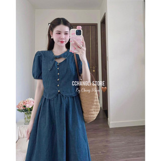 set demin cổ nơ chân váy dài