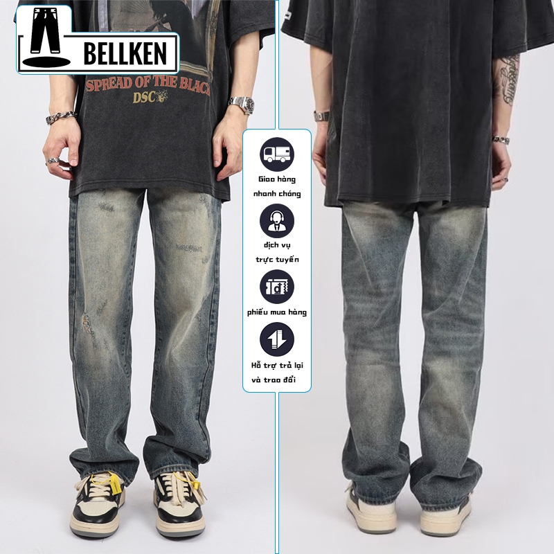 BELLKEN Quần jean nam ống suông ống rộng CẠP CAO ,quần bò nam ống rộng baggy jean dáng xuông quần jean rách gối