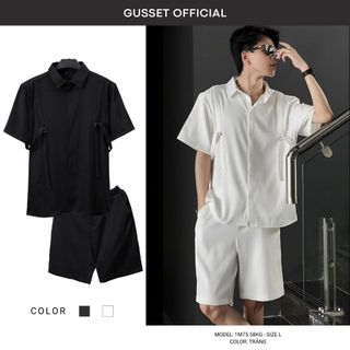 Đồ Bộ Nam Sơ Mi Ngắn Tay GUSSET Phối Dây Và Khuy, Set Bộ Quần Áo Nam Vải Lụa Chéo Hàn Thoáng Mát Street Style