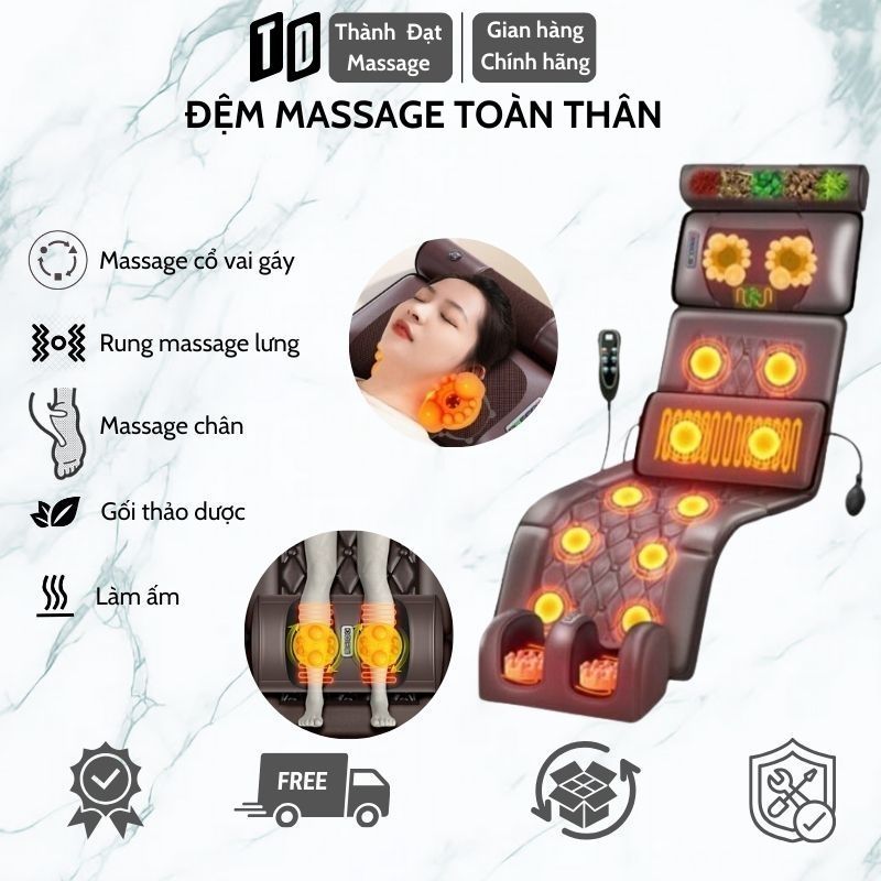 Đệm Massage Toàn Thân - Thảm Massage Toàn Thân Cổ, Vai, Gáy Kết Hợp Túi Chườm Thảo Dược Kèm Máy Massage Bàn Chân Xoa Bóp