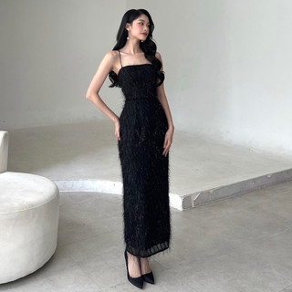 Laci Maxi Dress• Đầm dây dài maxi xẻ tà sau hở lưng quyến rũ sang trọng quý phái đi tiệc hẹn hò chất liệu lông lấp lánh