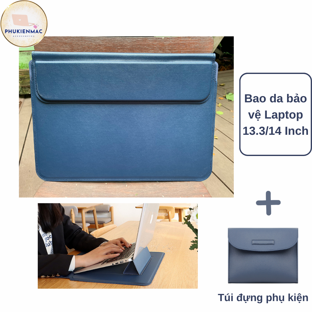 Bao da Macbook, túi chống sốc laptop 13/14/15.4inch Xanh Navy tích hợp giá đỡ cao 5cm và Lót Chuột