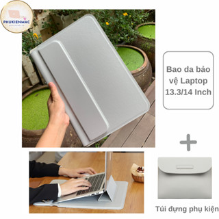 Túi đựng laptop 13/14/15.4inch, bao da Macbook Air/Pro xám nhạt kiêm giá đỡ cao 5cm và lót chuột