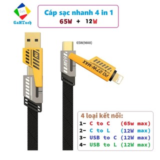 Cáp sạc nhanh 4 in 1 C-C, C-L, USB-C và USB-L | Cáp 4 trong 1 đa năng Max 65W 12W | Cáp 4in1 4 đầu sạc dài 1m5