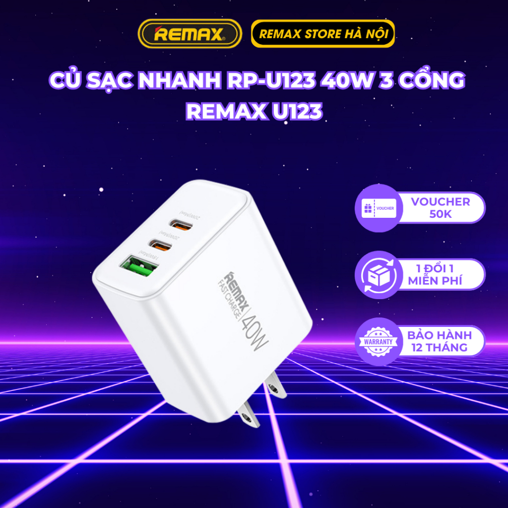 (CHÍNH HÃNG) Cốc sạc nhanh 40W Remax RP-U123, Củ Sạc Nhanh 40W 3 Cổng REMAX U123 - Sạc Nhanh PD, Q.C