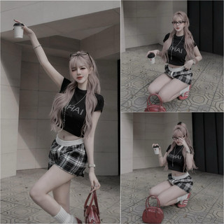 Set crop chữ đá quần kẻ mpb