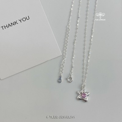 Dây chuyền bạc nữ TLEE, vòng cổ ngôi sao đá hồng mix dây hoa nữ tính nhẹ nhàng TLEE JEWELRY D0366