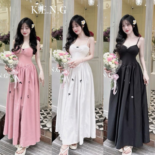 Váy maxi hai dây xoè dài đính nơ tiểu thư