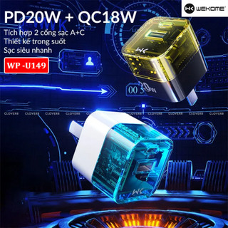 Củ sạc trong suốt wekome wp-u149 20w, cốc sạc nhanh pd 2 cổng typec và usb_200117
