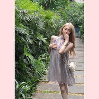 Váy ngắn babydoll màu loang Hàn Quốc Áo Chiffon Sát Nách Dáng Rộng Xếp Ly Phong Cách Hàn Quốc Áo Cổ Yếm Loang Áo Nữ Kiểu