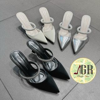 Guốc cao gót mũi nhọn phối da mica gót nhọn 6 cm