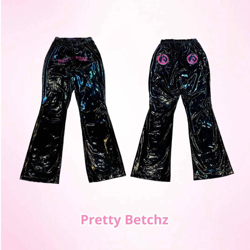 Quần loe da bóng co giãn màu đen Pretty