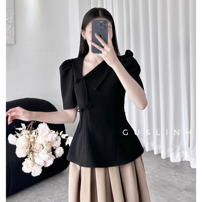 Áo kiểu nữ peplum cổ lệch gắng 2 nơ thanh lịch