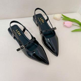  Giày mũi nhọn quai ngang hở gót da bóng đế mềm phong cách sang chảnh tiểu thư 