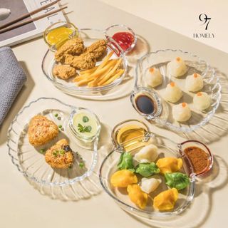 Đĩa thủy tinh vỏ sò màu pha lê trong suốt có khay đựng sốt đĩa đựng thức ăn có khay nước chấm tiện lợi 97homely