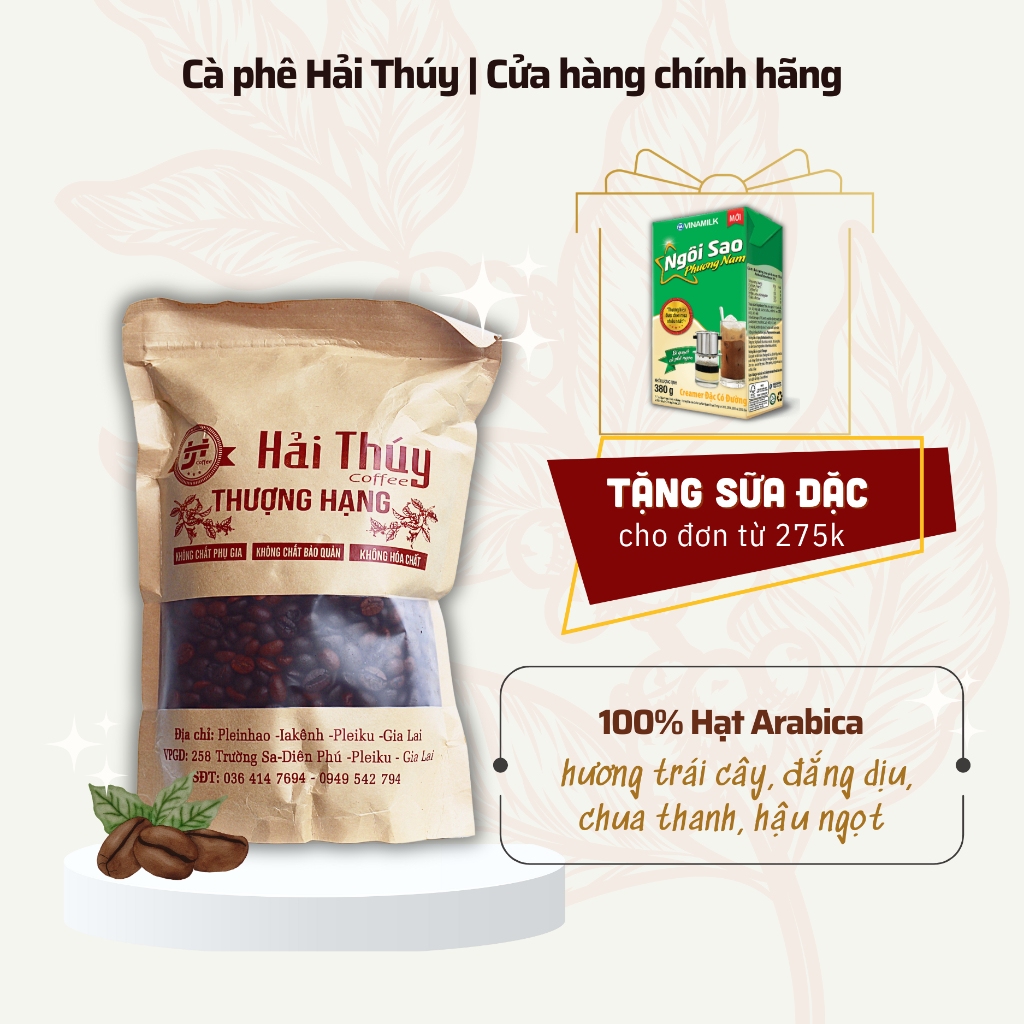 Cà phê Arabica nguyên chất THƯỢNG HẠNG, Hạt rang mộc, Đắng dịu, vị thanh chua, pha phin, pha máy, Gói 500g