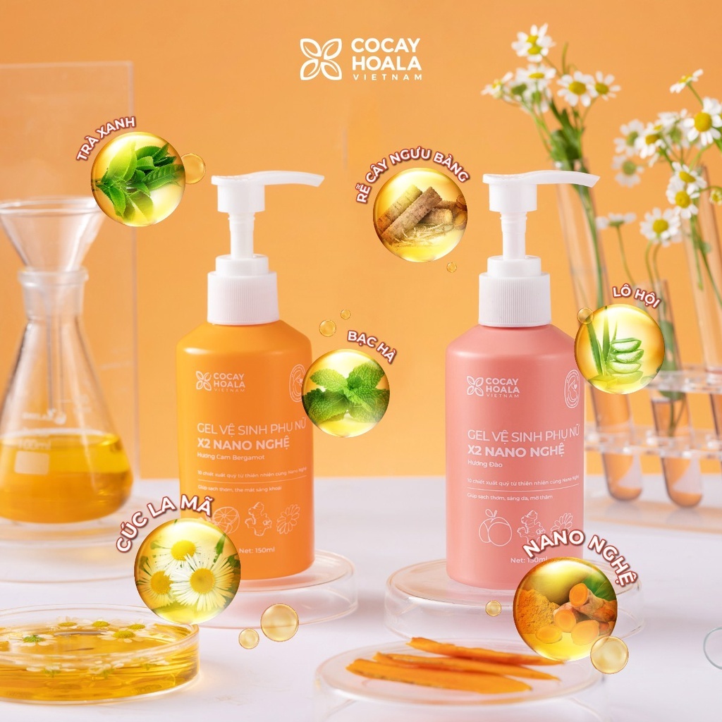 Dung dịch vệ sinh phụ nữ Gel X2 Nano Nghệ  Cocayhoala Giảm Ngứa Cỏ Cây Hoa Lá dung tích 150 ml - Mít