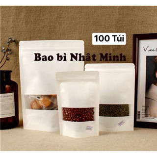 100 túi zip giấy đựng bột, hạt, bánh kẹo màu Trắng có đáy,cửa sổ,đế đứng chống nước HÀNG NHẬP