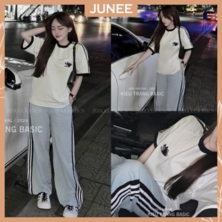 Set Bộ Đồ Nữ DAS Áo Phông Cổ Tròn Phối Viền Bo Tay Mix Quần Dài Suông Họa Tiết Sọc Kẻ Dáng Rộng Freesize