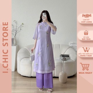 Áo dài cách tân 4 tà chất tơ thêu hoa nhí tím độc quyền ichic