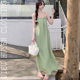 [Hàng Hè] [Sẵn] Đầm Maxi Dập Nhún Dây Ngọc Màu Xanh bơ Xinh Hot Cho Các Nàng Điệu Đà Du Lịch Taobao 2024