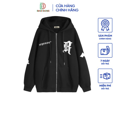 Áo khoác hoodie dây kéo chất liệu nỉ bông họa tiết chữ r from rộng họa tiết siêu ngầu nhiều màu Bảo Đăng.