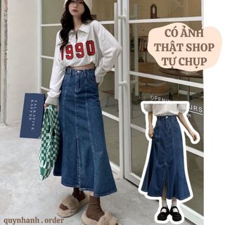 Chân váy bò jean dài, váy đuôi cá denim lưng cạp cao tôn dáng phối xẻ tà giữa