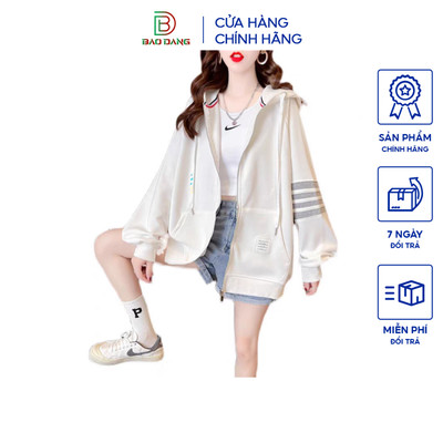 Áo hoodie zip from rộng chất liệu nỉ bông họa tiết phối sọc tay Bảo Đăng.