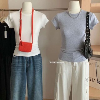 Áo thun baby tee cổ tròn tay ngắn 7986, Áo phông Y2K dáng Hàn