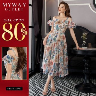 Đầm Nữ Trễ Vai MY WAY Họa Tiết Chất Liệu Tơ Siêu Nhẹ Cao Cấp 5MD0469