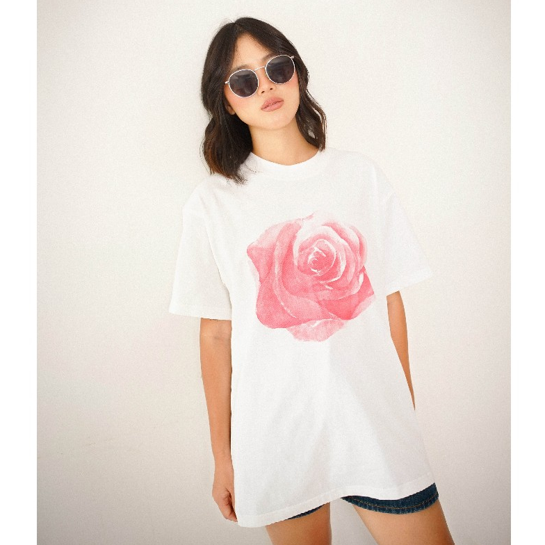 Áo Thun Form Rộng in Bông Hoa Hồng | Pure Rose Tee in White | White On Denim