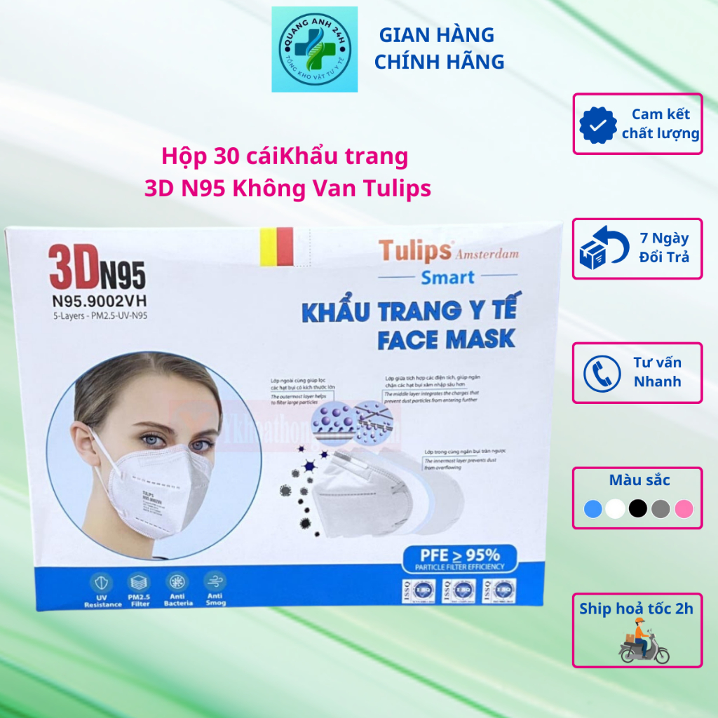 Khẩu trang N95 Không Van Tulips, Hộp 30 cái khẩu trang N95 chống tia UV, chống bụi, chống nắng, kháng khuẩn