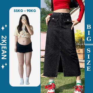  Chân váy nữ jean dài Bigsize 55kgkg-85kg kiểu chân váy nữ túi hộp xẻ tà trước form dáng chữ a cạp cao 2KJean MS400 