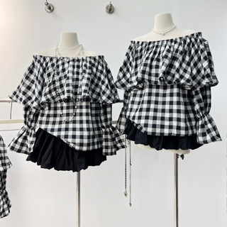 SOMI SET áo sơ mi trễ vai kẻ mix chân váy bồng - TKCC BAGEO