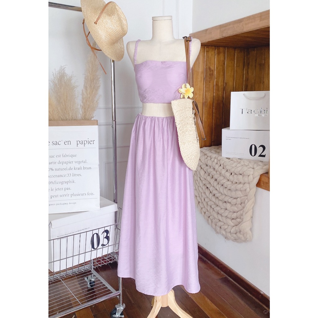 SET MÙA HÈ TÍM MƠ MỘNG: ÁO CROPTOP TÍM 2 DÂY CHUN + CHÂN VÁY MIDI TÍM SUÔNG DÀI (TH)