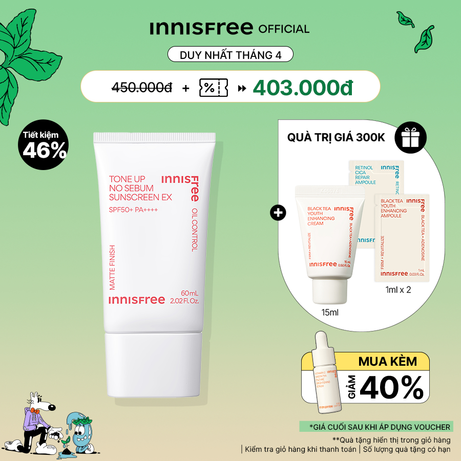 Kem chống nắng nâng tông kiềm dầu innisfree Tone Up No Sebum Sunscreen EX SPF 50+ PA++++ 60 mL (New 2023)