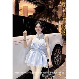 Jum váy cổ yếm pha ren chun eo xoè nhẹ siêu xinh