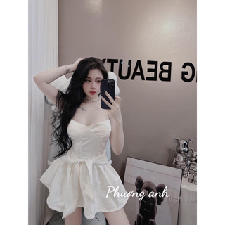 ĐẦM CÚP NGỰC TAI CÁO THẮT NƠ EO XOÈ PHỒNG TIỂU THƯ