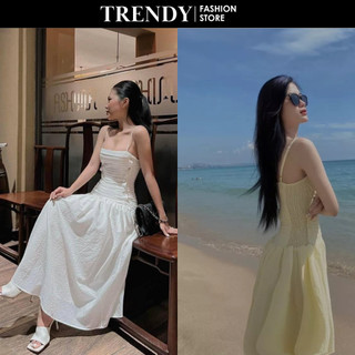 Đầm maxi 2 dây xếp li đính nút