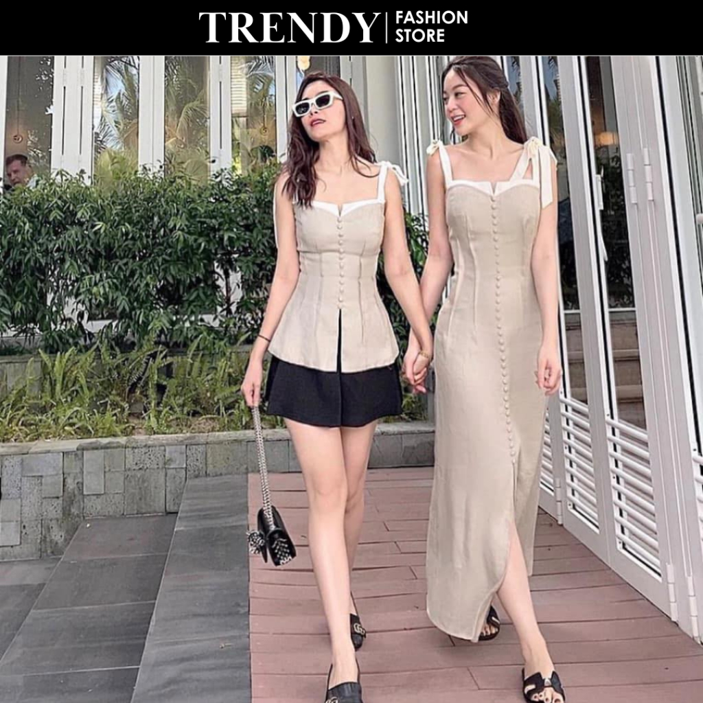 Đầm maxi nude phối trắng cột nơ vai