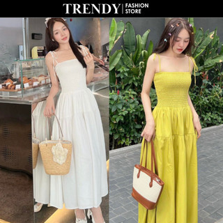 Đầm maxi tầng 2 dây cột nơ nhún thun
