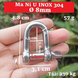 Ma ní chữ U Inox 304 [ Ø 8mm ] - Tải trọng 200 kg - Không han rỉ, sáng bóng