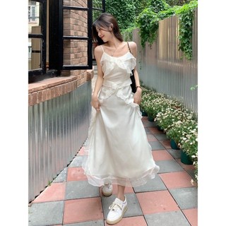 Đầm midi trắng bèo chéo 2 dây